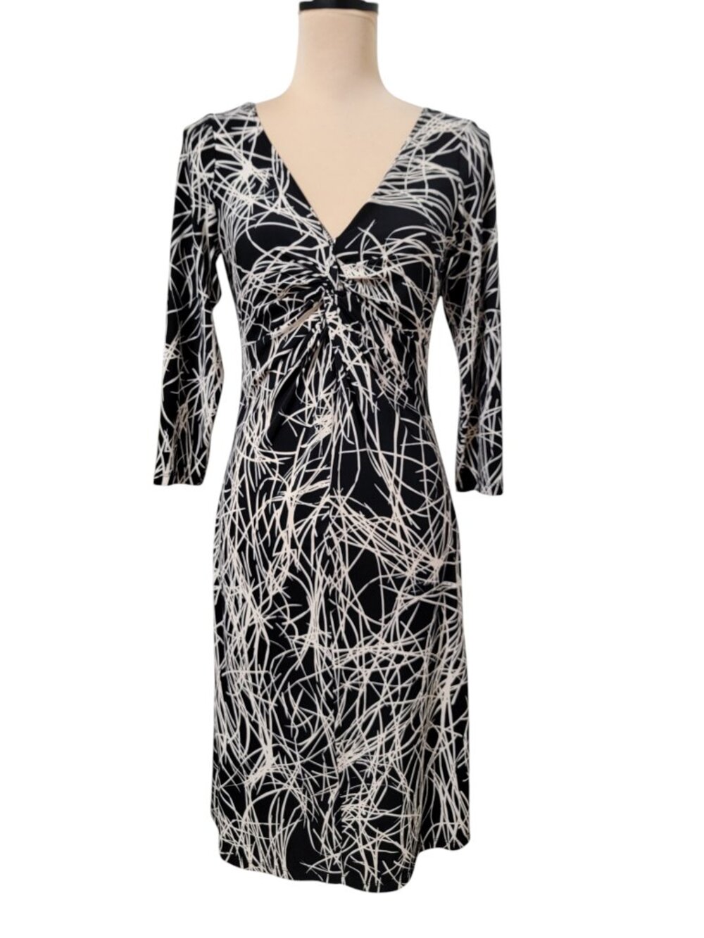 London Times Size 8 V-Neck Midi Dress, Abstract Geometric Print, Twisted Front